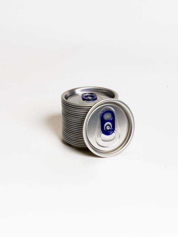 Silver lid, blue tab